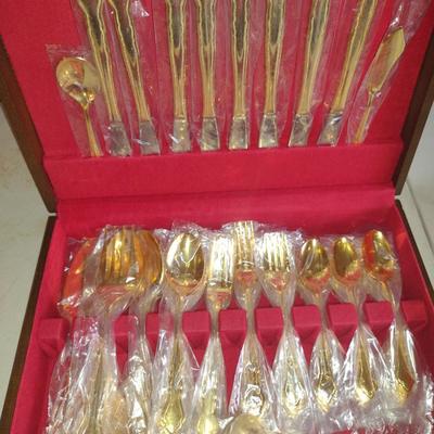 Elegance Japan Goldelectroplate Flatware with Storage Box- Approx 55 Pieces- New in Package
