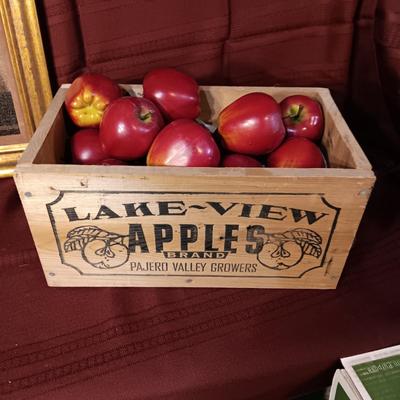 WOODEN APPLE CRATE, PLASTIC APPLES AND AN OIL PAINTING OF FRUIT