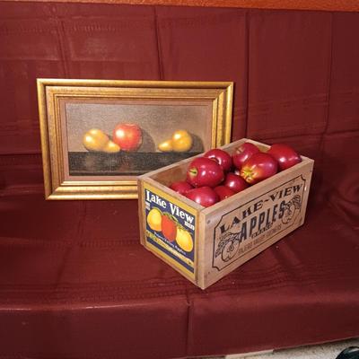 WOODEN APPLE CRATE, PLASTIC APPLES AND AN OIL PAINTING OF FRUIT
