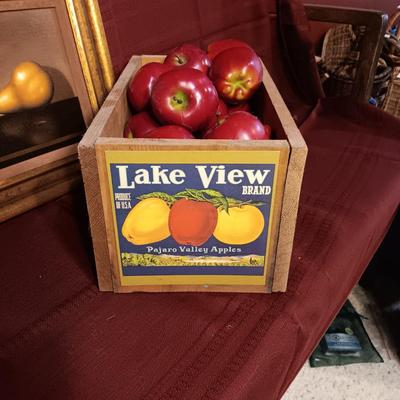 WOODEN APPLE CRATE, PLASTIC APPLES AND AN OIL PAINTING OF FRUIT