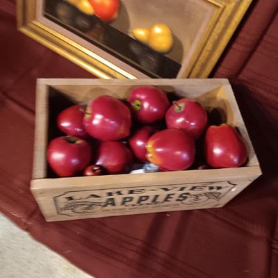 WOODEN APPLE CRATE, PLASTIC APPLES AND AN OIL PAINTING OF FRUIT