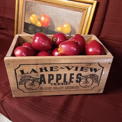WOODEN APPLE CRATE, PLASTIC APPLES AND AN OIL PAINTING OF FRUIT