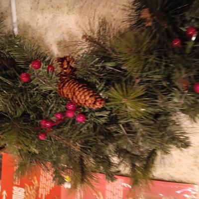 LARGE LIGHTED CHRISTMAS WREATH AND CHRISTMAS MUSIC ON VINYL RECORDS