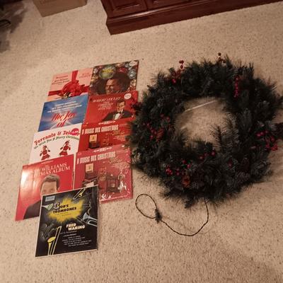 LARGE LIGHTED CHRISTMAS WREATH AND CHRISTMAS MUSIC ON VINYL RECORDS