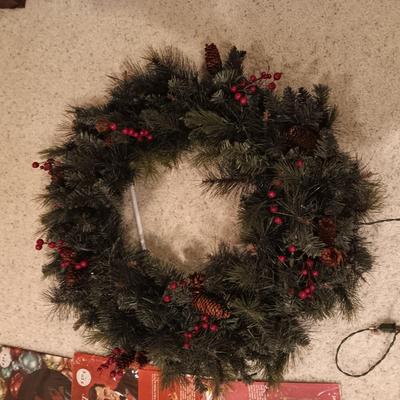 LARGE LIGHTED CHRISTMAS WREATH AND CHRISTMAS MUSIC ON VINYL RECORDS