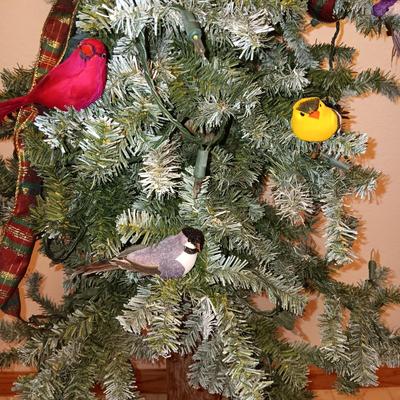 VERY NICE WREATH, GARLAND AND A FAUX LIGHTED TREE WITH LIFE LIKE TRUNK