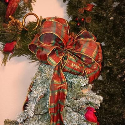 VERY NICE WREATH, GARLAND AND A FAUX LIGHTED TREE WITH LIFE LIKE TRUNK