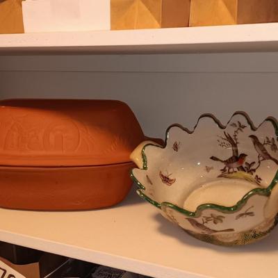 TERRA COTTA ROASTER AND A CLAY BIRD THEMED BOWL