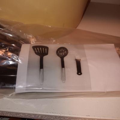 WATERFORD MAPLE LEAF DISH, NEW UTENSILS AND A CLUB DUTCH OVEN