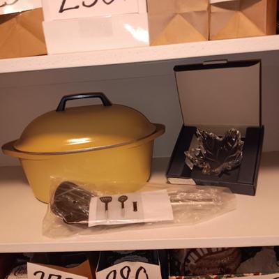 WATERFORD MAPLE LEAF DISH, NEW UTENSILS AND A CLUB DUTCH OVEN