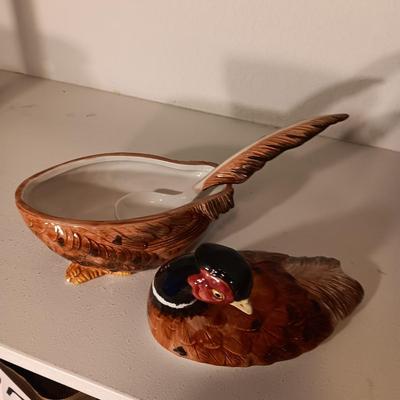 FITZ AND FLOYD PHEASANT GRAVY OR SAUCE SERVER AND A CERAMIC TURKEY