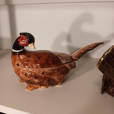 FITZ AND FLOYD PHEASANT GRAVY OR SAUCE SERVER AND A CERAMIC TURKEY