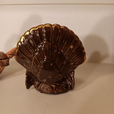 FITZ AND FLOYD PHEASANT GRAVY OR SAUCE SERVER AND A CERAMIC TURKEY
