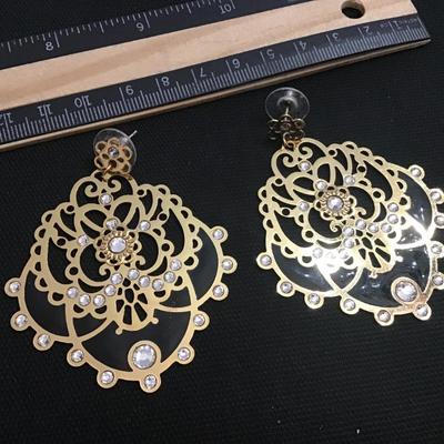 Large Statement Earrings. Gold Tone Faux Diamond