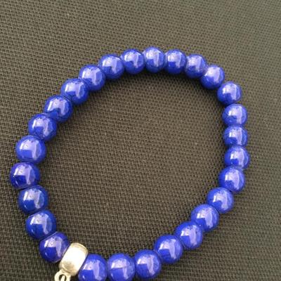 Crackly cobalt, blue beaded stretch bracelet, puzzle, piece charm