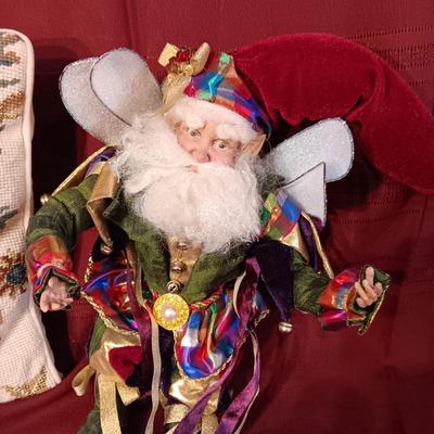 MARK ROBERTS FAIRY SANTA AND A NEEDLE POINT STYLE THROW PILLOW