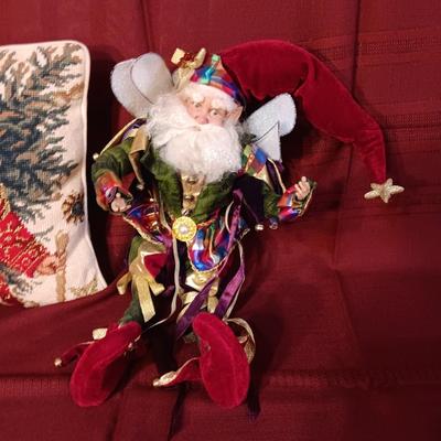 MARK ROBERTS FAIRY SANTA AND A NEEDLE POINT STYLE THROW PILLOW