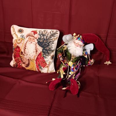 MARK ROBERTS FAIRY SANTA AND A NEEDLE POINT STYLE THROW PILLOW