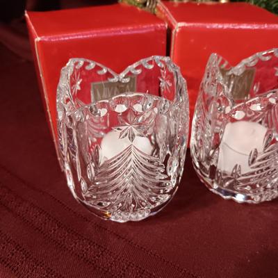 3 GLASS MIKASA VOTIVE CANDLE HOLDERS, A WOODEN ANGEL AND MORE