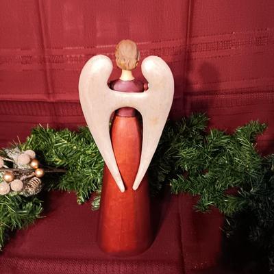 3 GLASS MIKASA VOTIVE CANDLE HOLDERS, A WOODEN ANGEL AND MORE