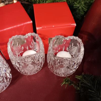 3 GLASS MIKASA VOTIVE CANDLE HOLDERS, A WOODEN ANGEL AND MORE