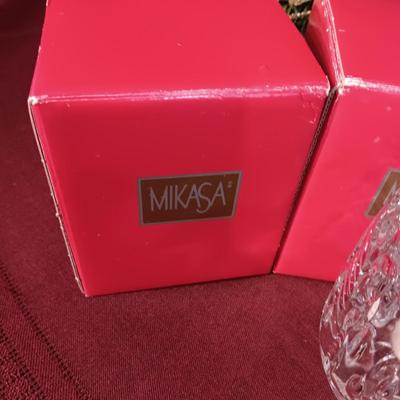 3 GLASS MIKASA VOTIVE CANDLE HOLDERS, A WOODEN ANGEL AND MORE