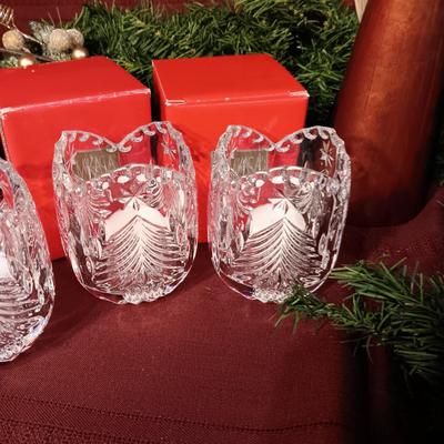 3 GLASS MIKASA VOTIVE CANDLE HOLDERS, A WOODEN ANGEL AND MORE