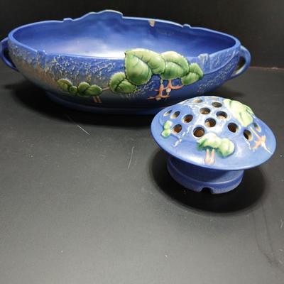 Roseville Pottery Frog with repaired Roseville Pottery Fuschia Blue Centerpiece Bowl