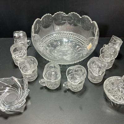 U.S. Glass MANHATTAN Punch Bowl Set & 12 Cups. Tiffin Franciscan with lidded candy dish