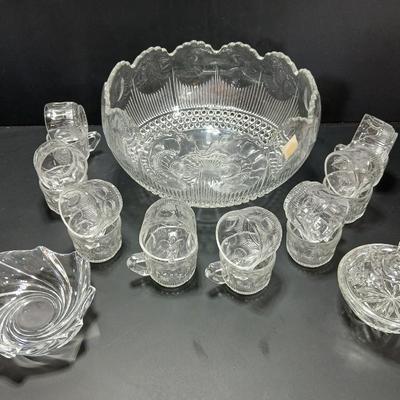 U.S. Glass MANHATTAN Punch Bowl Set & 12 Cups. Tiffin Franciscan with lidded candy dish