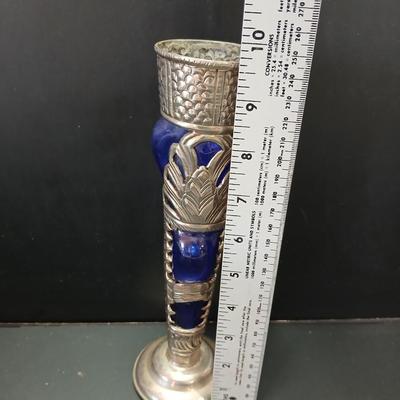 Mexican Hand Blown Colbalt Blue Stem & Rim Goblet Glasses with a vintage blue glass vase with silver colored decorative design