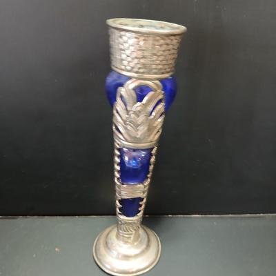 Mexican Hand Blown Colbalt Blue Stem & Rim Goblet Glasses with a vintage blue glass vase with silver colored decorative design