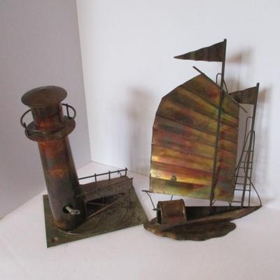 Vintage Metal Brass Sailing Ship & Lighthouse Sculptures