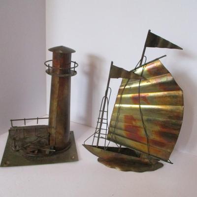 Vintage Metal Brass Sailing Ship & Lighthouse Sculptures