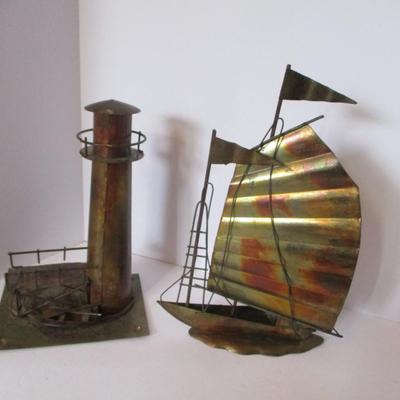 Vintage Metal Brass Sailing Ship & Lighthouse Sculptures