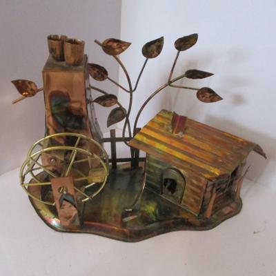 Vintage Copper Metal Barn Mill With Wheel & Music Box Made In Hong Kong
