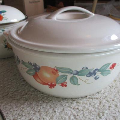 Vintage 1981 M Kamenstein Enamel Cookware Floral Design Brass Handles & Corelle Coordinates Cookware