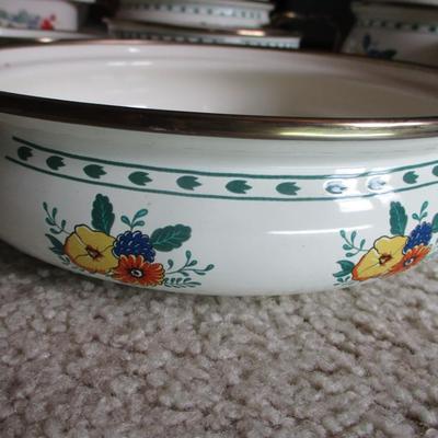 Vintage 1981 M Kamenstein Enamel Cookware Floral Design Brass Handles & Corelle Coordinates Cookware