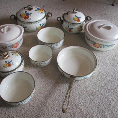 Vintage 1981 M Kamenstein Enamel Cookware Floral Design Brass Handles & Corelle Coordinates Cookware