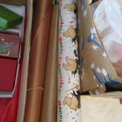 Assortment Of Crafting Items Bags Tissue Paper Cards Paper Ribbons