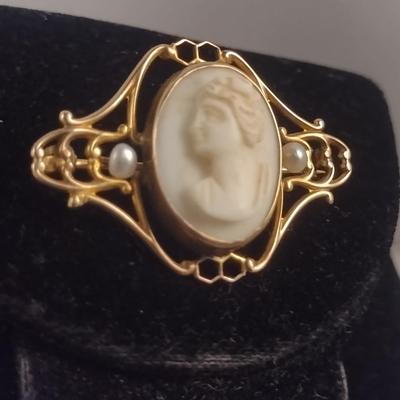 10 Karat Yellow Gold Cameo Brooch with Seed Pearls - Approx Total Weight 2.7 Grams (#37)
