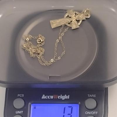 9 Karat Yellow Gold Cross Pendant with 15" Necklace- Approx Total Weight 1.3 Grams (#41)