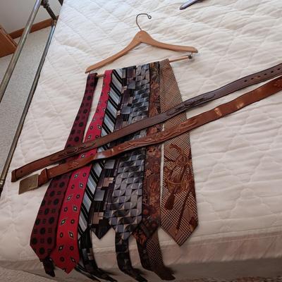 VARIETY OF NECKTIES AND 2 LEATHER BELTS SIZE 34