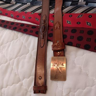 VARIETY OF NECKTIES AND 2 LEATHER BELTS SIZE 34