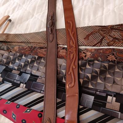 VARIETY OF NECKTIES AND 2 LEATHER BELTS SIZE 34