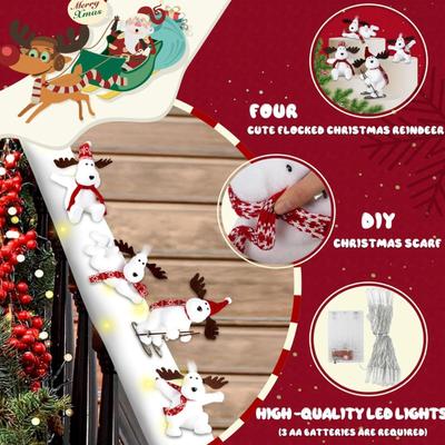 Reindeer Christmas Staircase Decorations Set Banister Christmas Decorations with 4PCS Skiing Reindeer & Artificial Snow & LED...