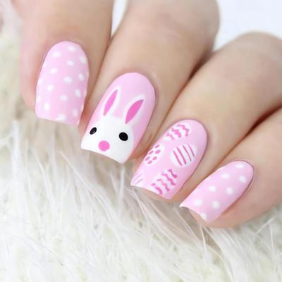 A1- Pink Easter Press on Nails, Glossy Medium Length Square Fake Nails, Cute Full Cover False Nails Design with Rabbits and Easter Eggs,...
