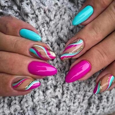 LL - Almond Shaped Press on Nails Medium Rose Red Blue Acrylic Fake Press Ons Nails with Wave Glitter Design Glue on Full Cover...