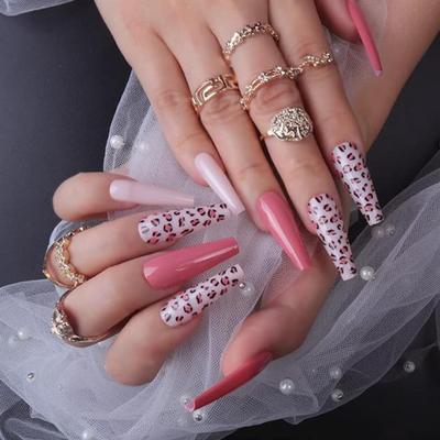 HH - DOUBNINE Press On False Nails Super Long Coffin Leopard Print Pink Glitter Fake Nails Acrylic Full Cover Bling Luxury False Nails...