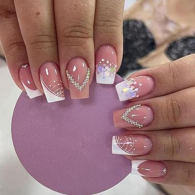 S - Press on Nails Short- 24 Pcs French Tip Nails Medium Square White Nail Tips Fake Nails Full Cover Nude Acrylic False Nails with...